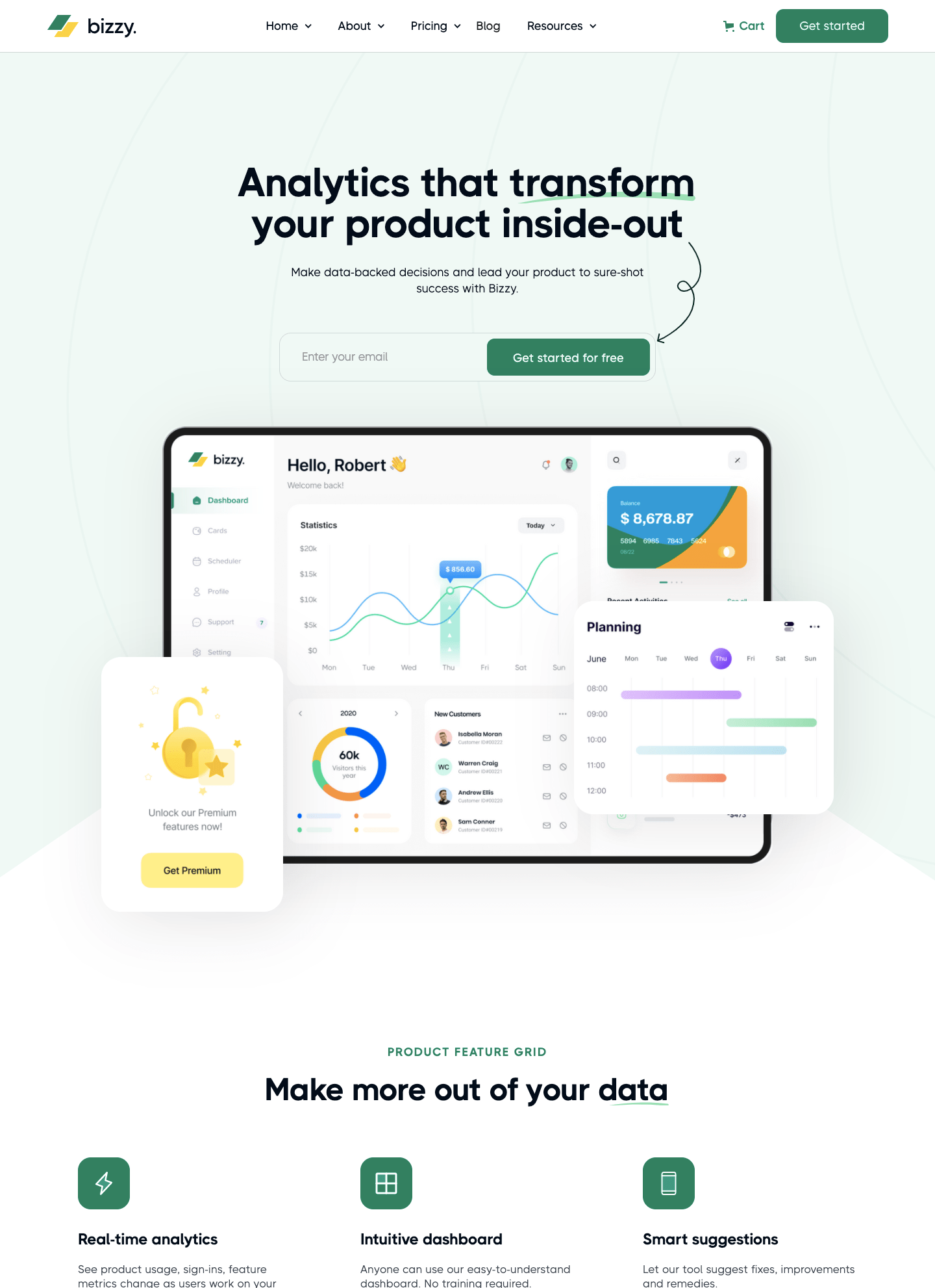 Tela inicial do Bizzy com dashboard de análise, planejamento e opção para começar grátis ou adquirir premium.