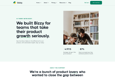 Bizzy homepage showing team-focused product growth message with photo of two people collaborating.