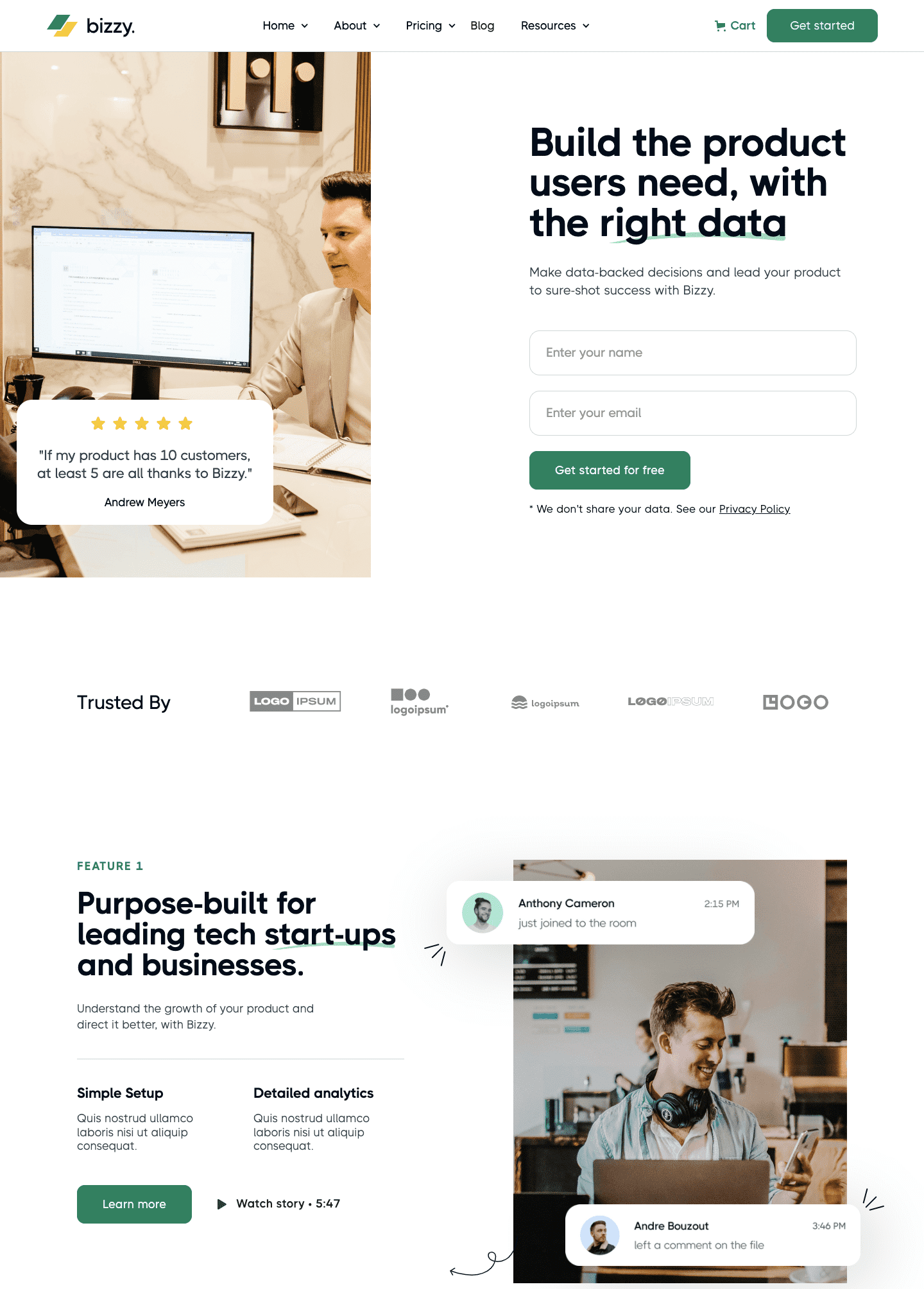 Website homepage with user testimonial, product signup, trusted logos, and tech startup features sections.