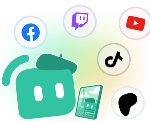 Kevin on his phone with icons for Twitch, YouTube, TikTok, Facebook, and Patreon floating around him