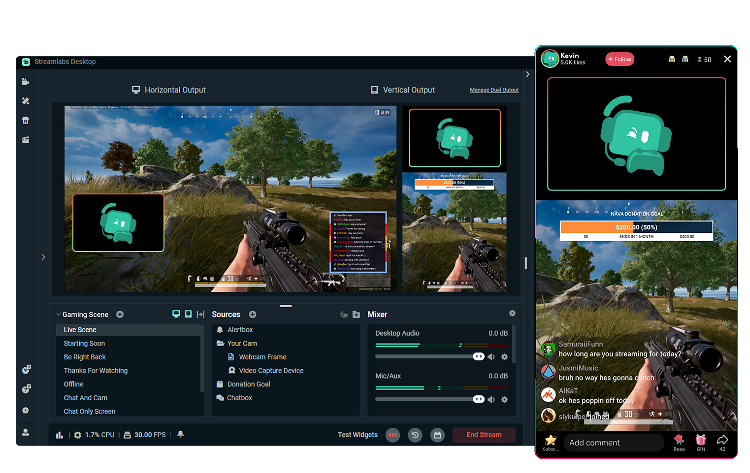 Screenshot of Streamlabs Desktop with live stream on TikTok on side