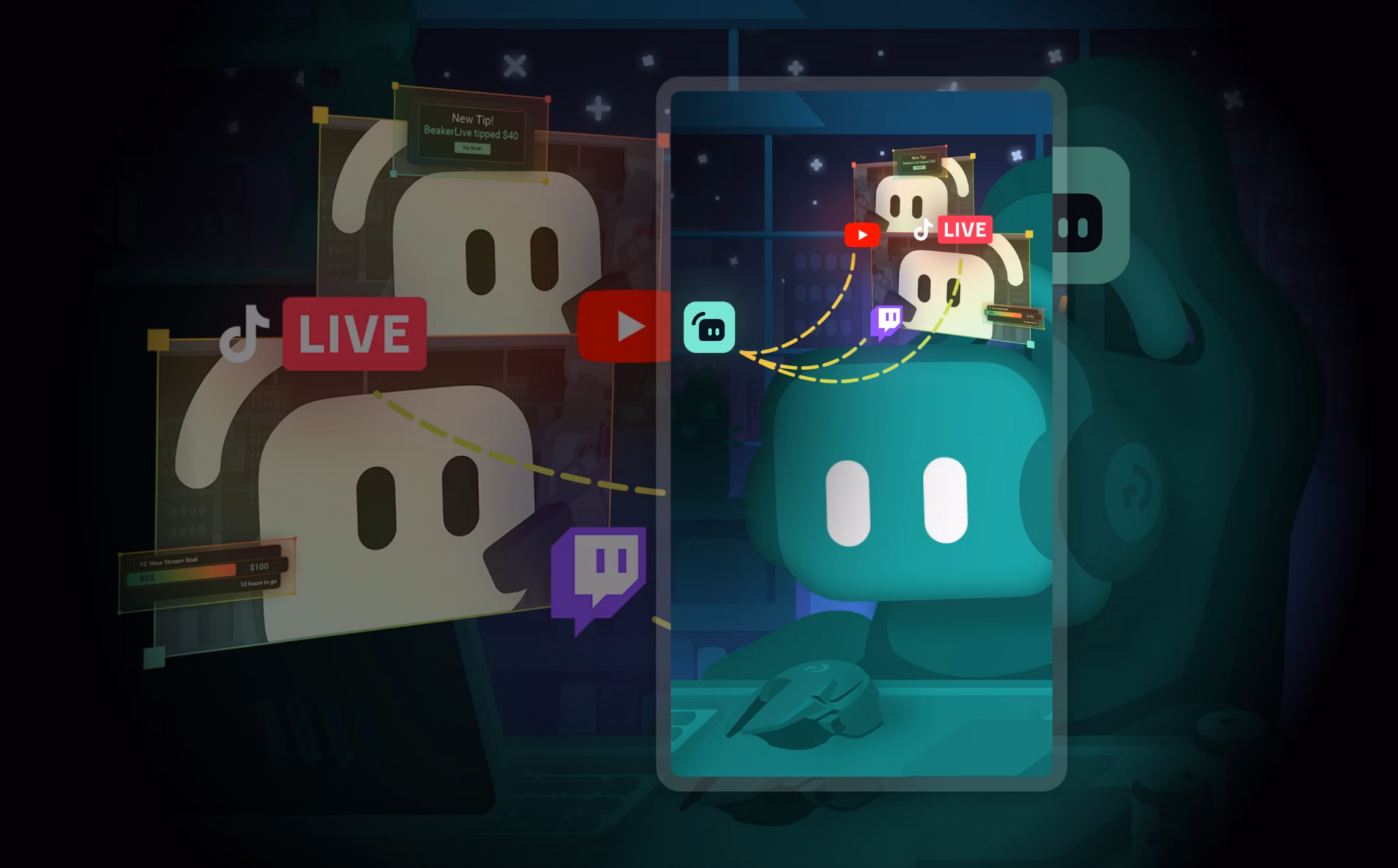 Kevin streaming to multiple platforms with icons from YouTube, TikTok Live, and Twitch