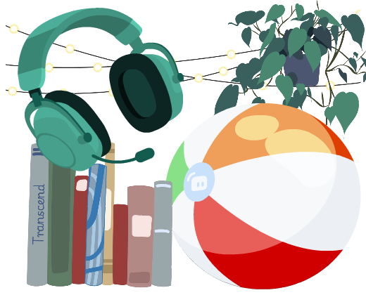 Headphones, books, a beachball, plants, and fairy lights