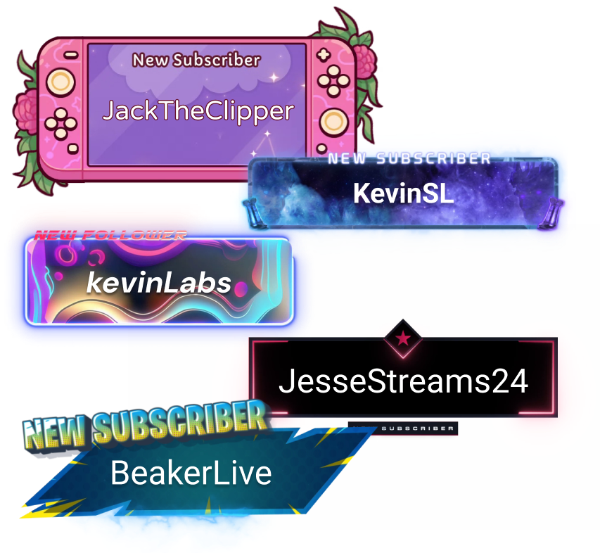 Collection of live stream alert graphics showing new followers and new subscribers