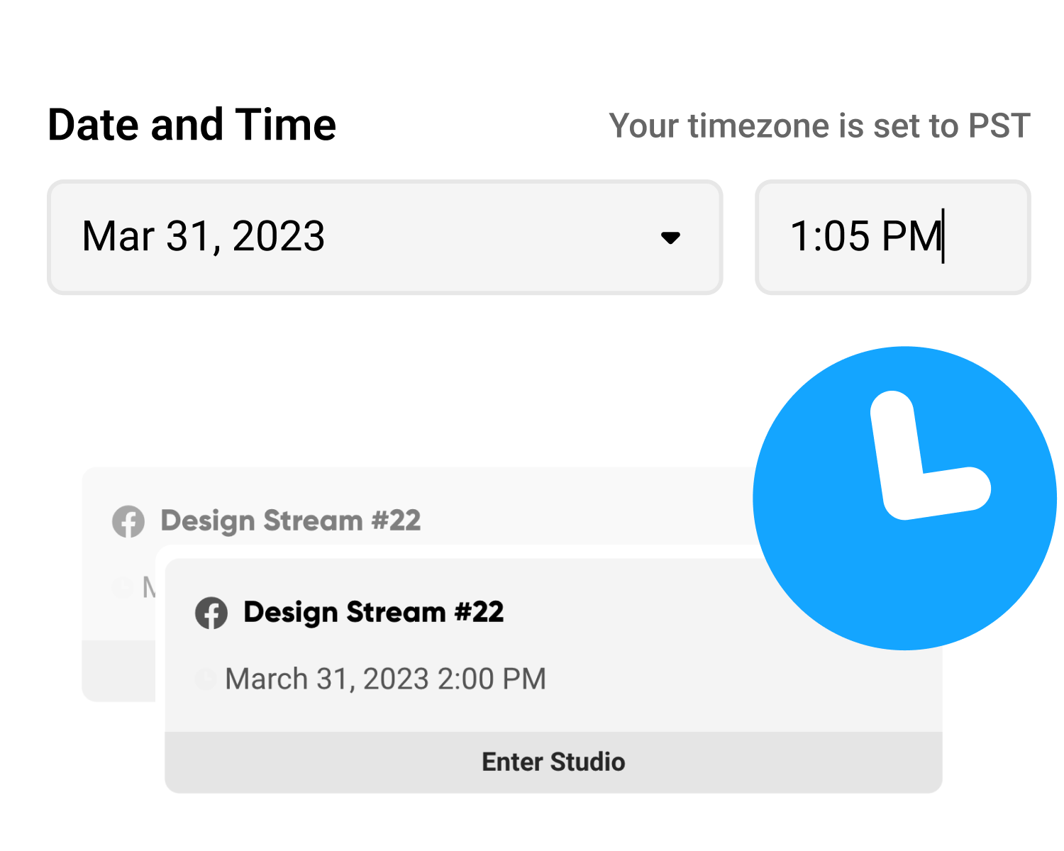 Clock icon with date and time settings in the background for scheduling a live stream with Talk Studio