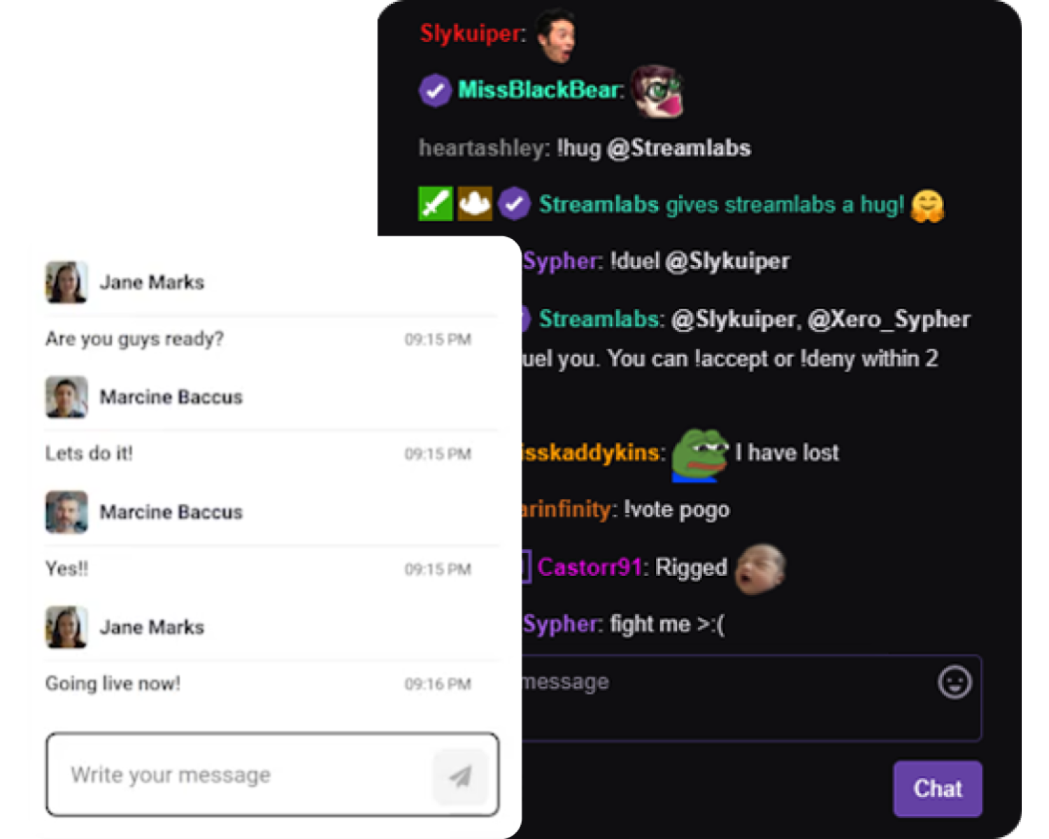Two Talk Studio chat boxes overlaid on each other