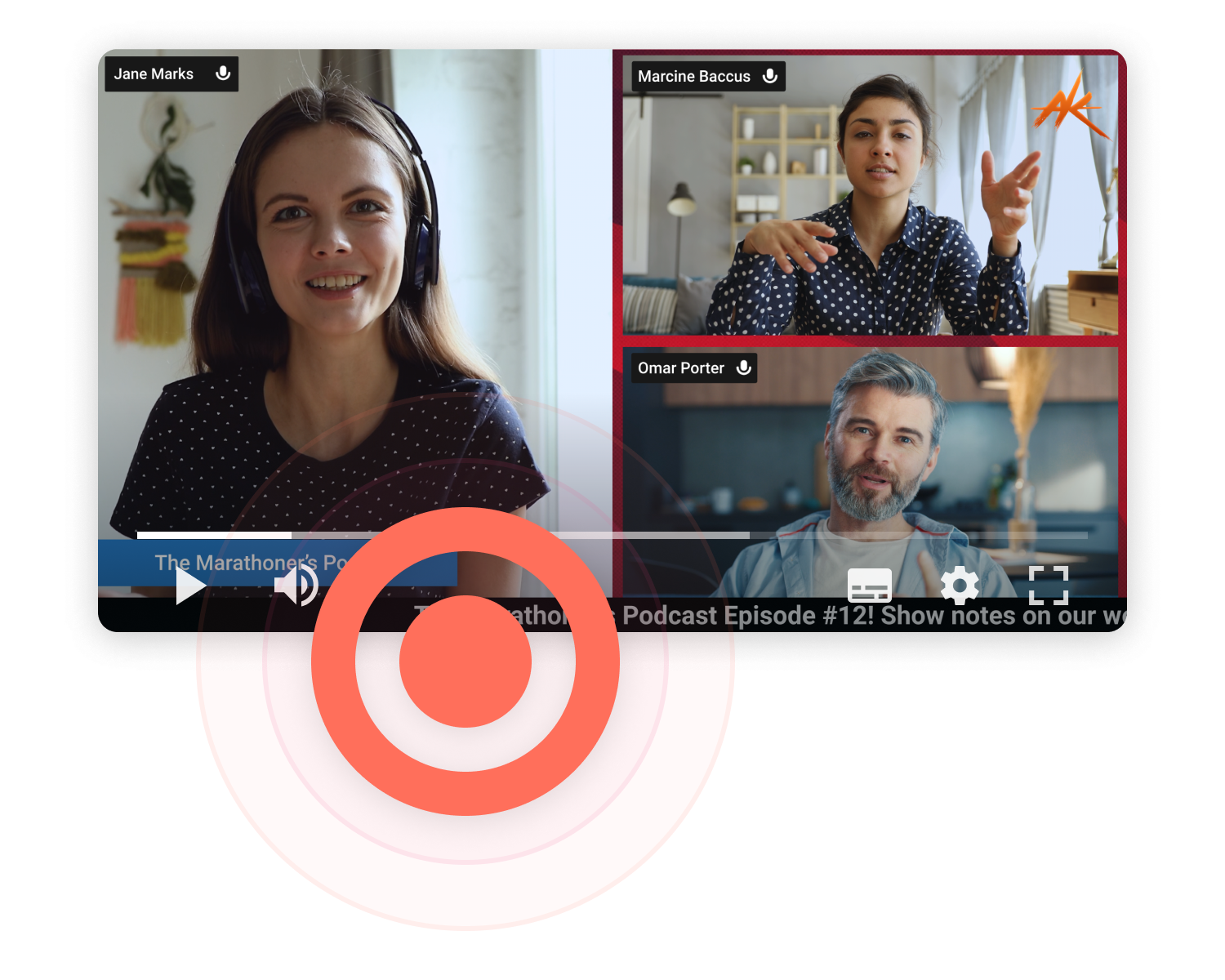 Large recording icon overlaid on three people talking through Talk Studio