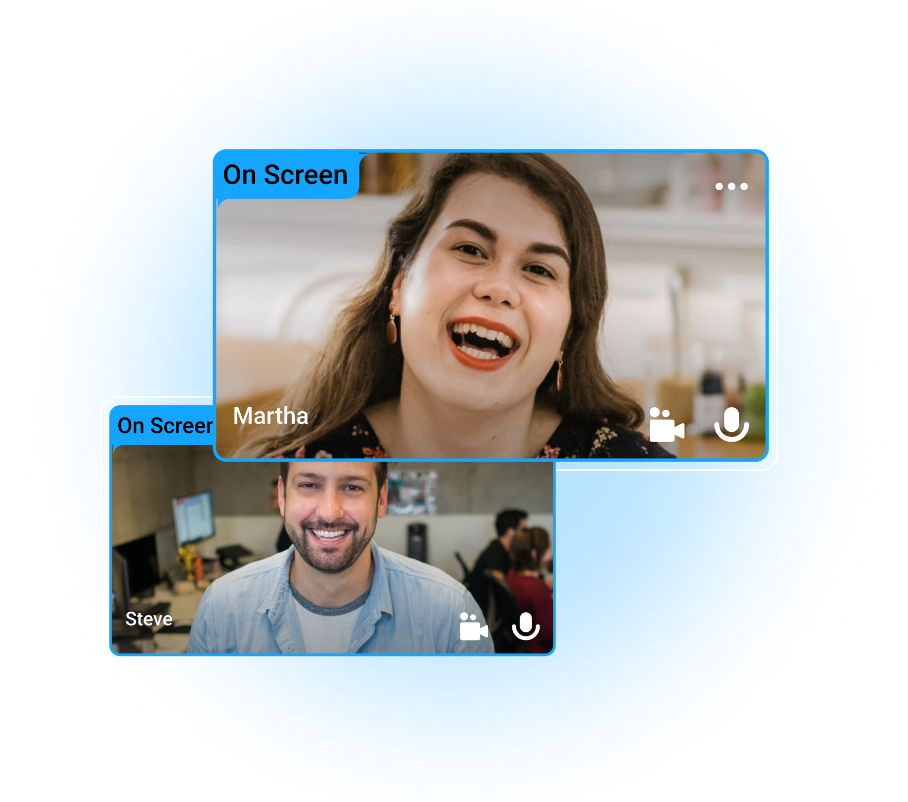 Women and man each in a Talk Studio webcam frame