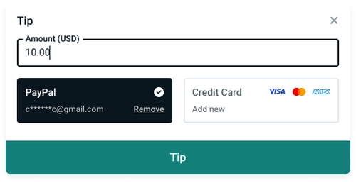 Screenshot of user tipping 10.00 using PayPal