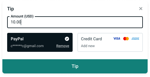 Screenshot of user tipping 10.00 using PayPal