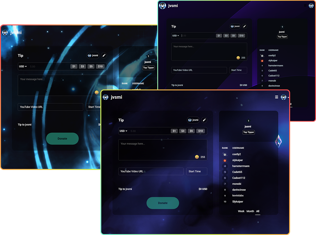 Purple and blue Streamlabs tip pages