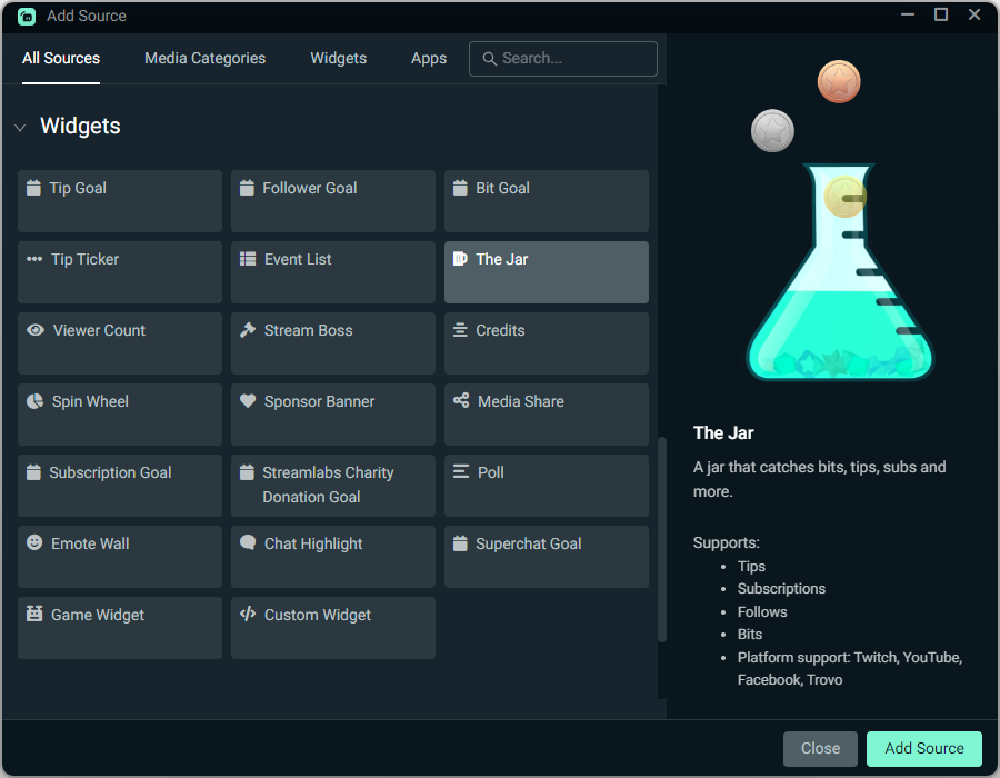The Jar source in Streamlabs Desktop