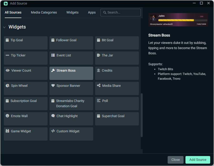 Stream Boss source in Streamlabs Desktop