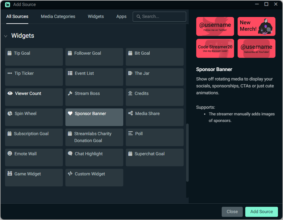 Sponsor Banner widget in Streamlabs Desktop