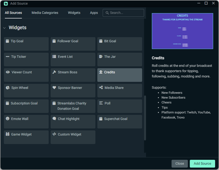Credits widget in Streamlabs Desktop
