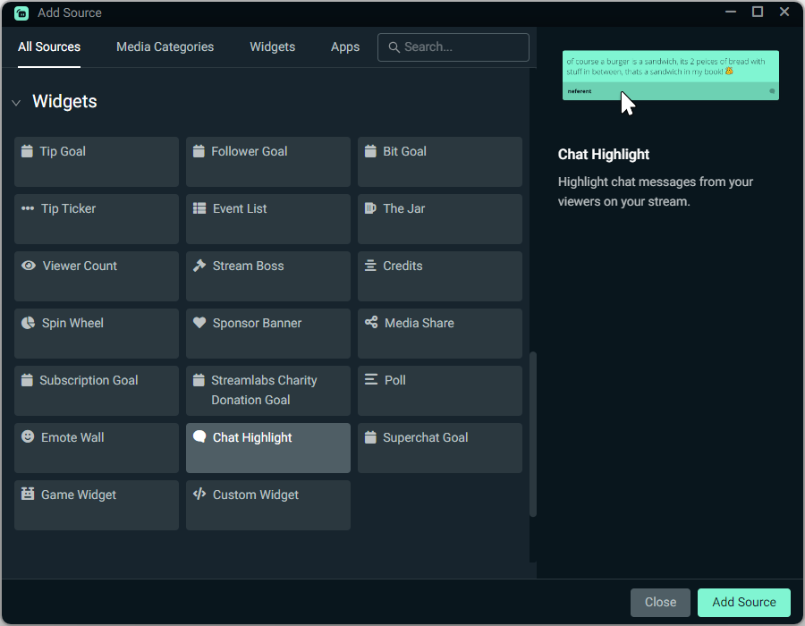 Chat Highlight widget in Streamlabs Desktop