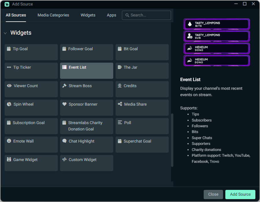 Event List widget in Streamlabs Desktop