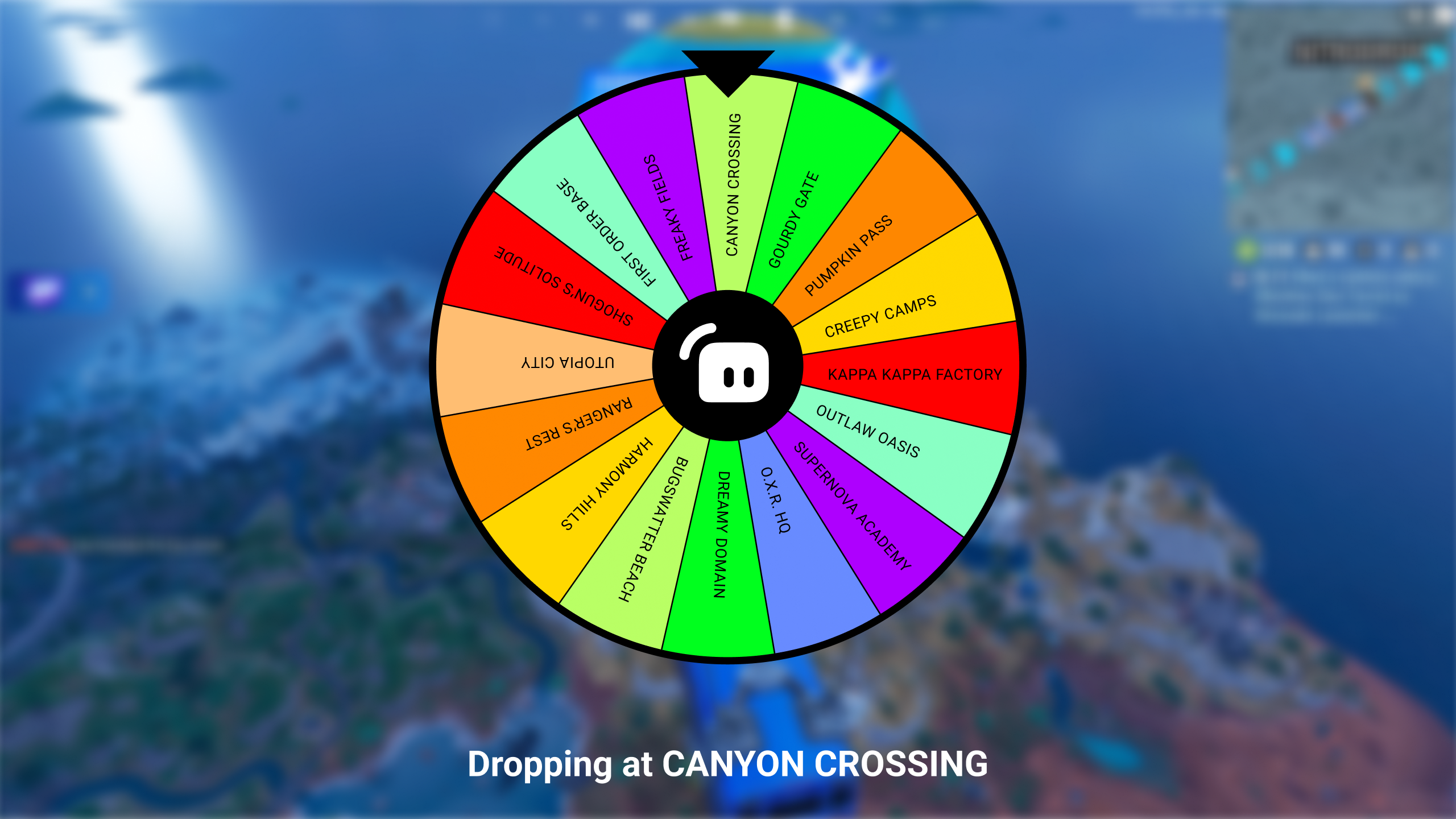 Image of a multicolored spin wheel with Fortnite drop spots as the options