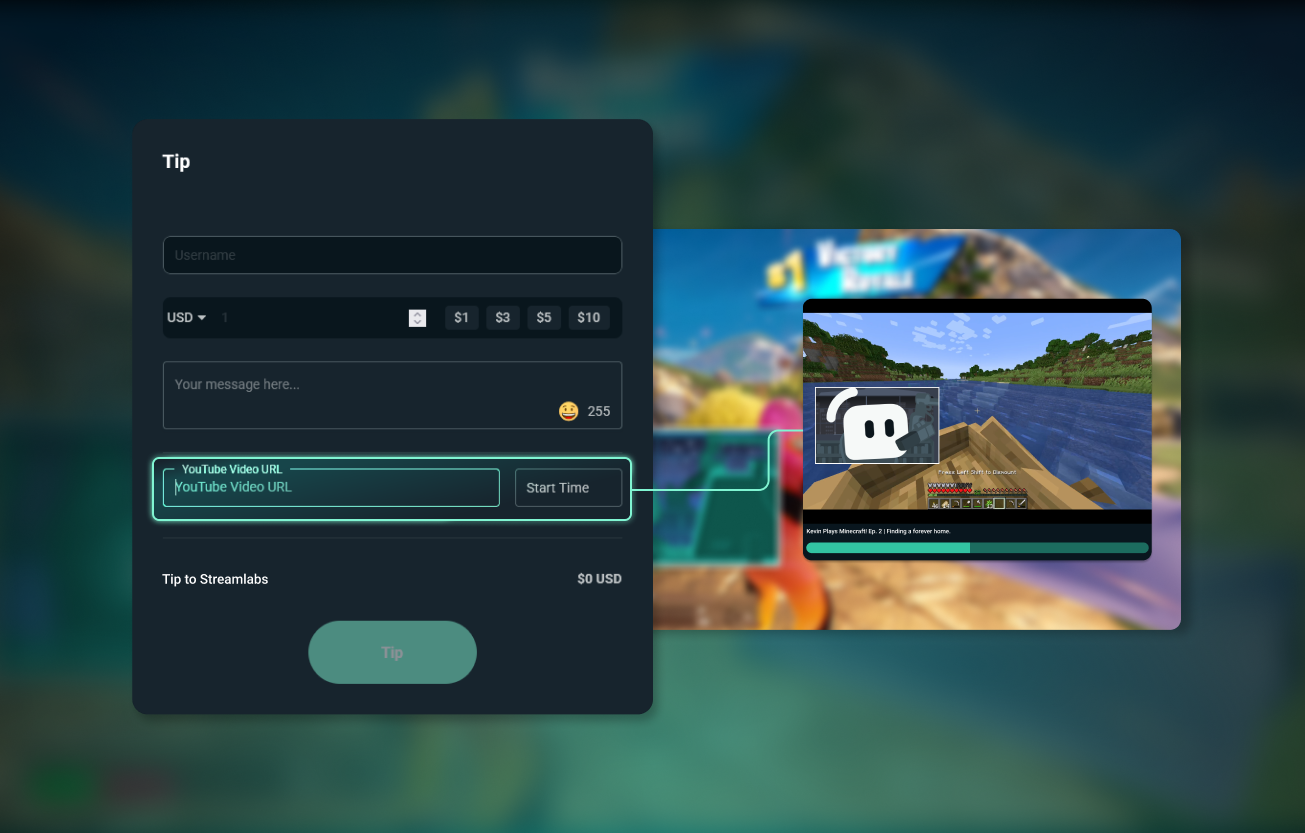 Streamlabs tip page on the left with Media Share video on the right