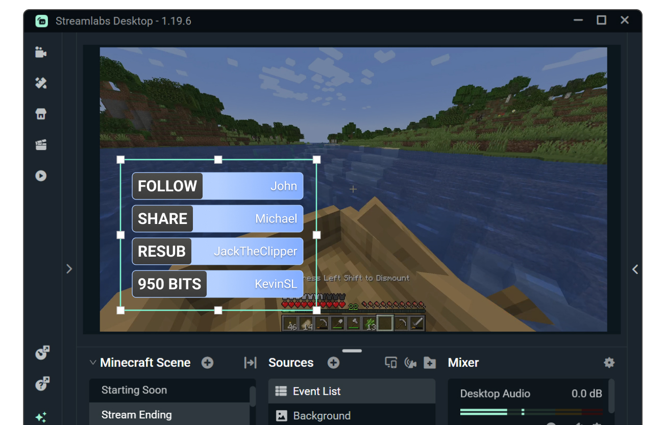Event list in Streamlabs Desktop