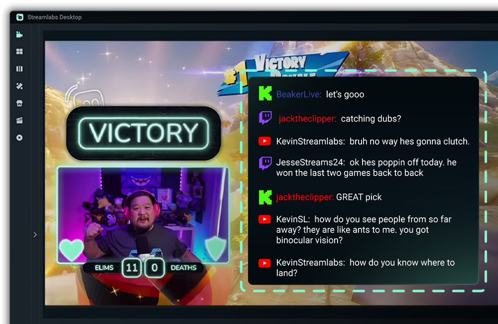 Streamer on the left side of the screen with Chat Box widget and chatters on the right side