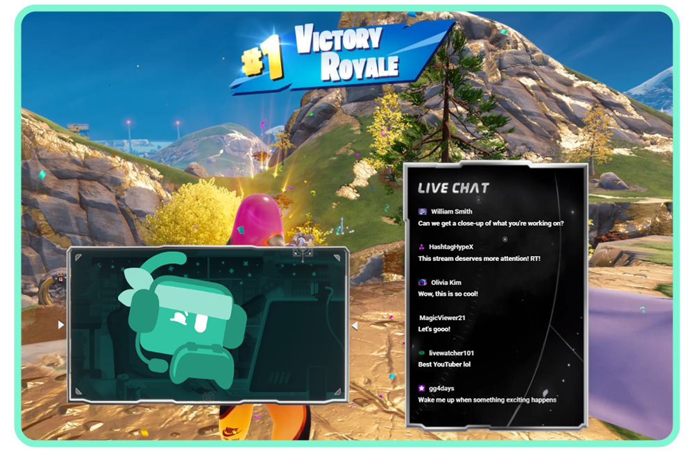 Kevin streaming Fortnite with Chat Box widget on screen