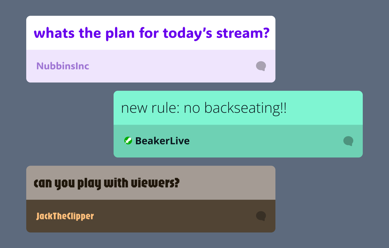 Three different chat messages highlighted in different styles