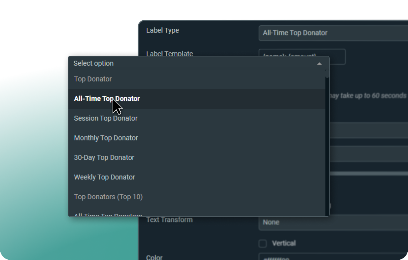 Stream Label type being selected