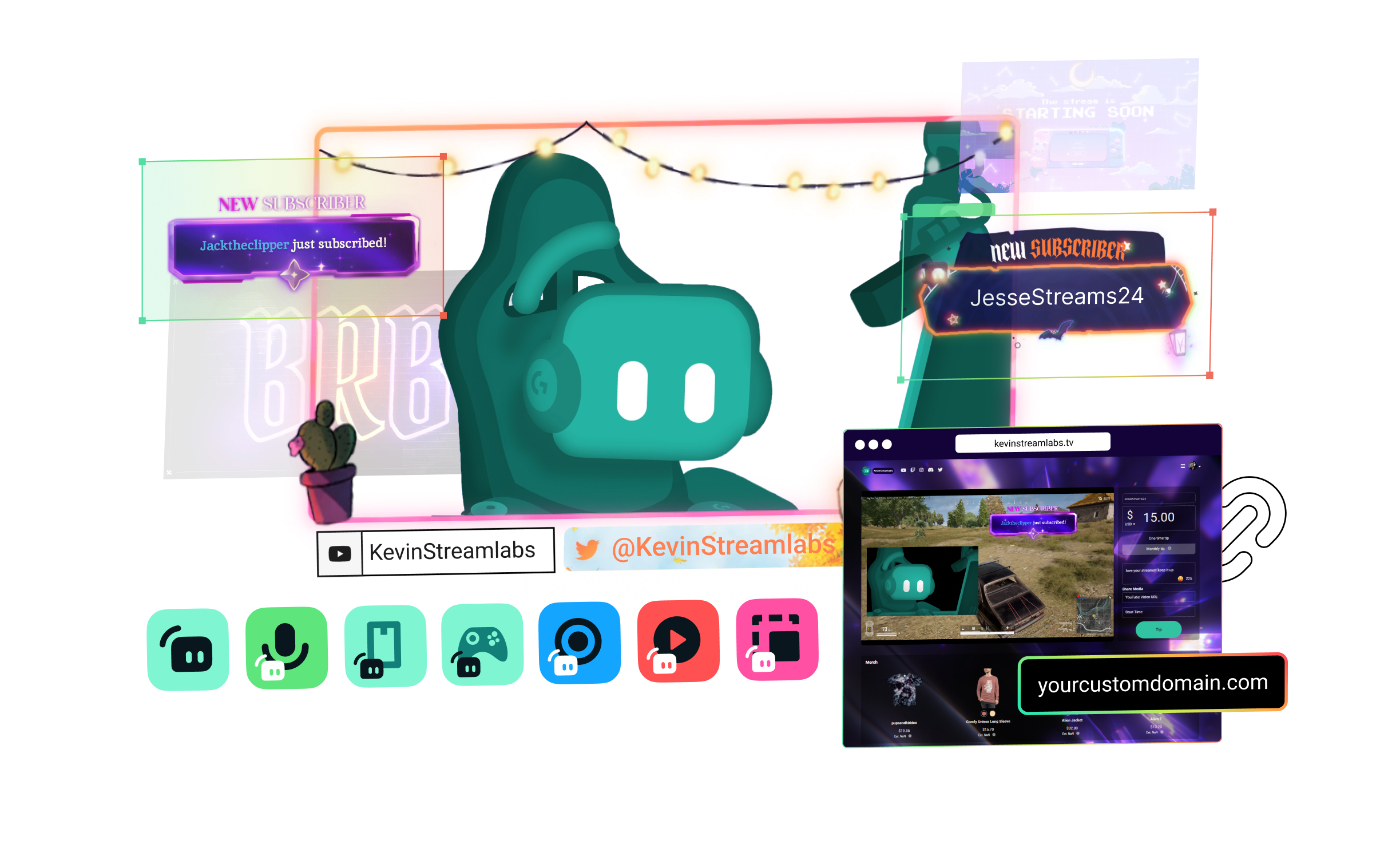 Kevin in a Webcam frame with alerts, tip page, and Streamlabs tool icons