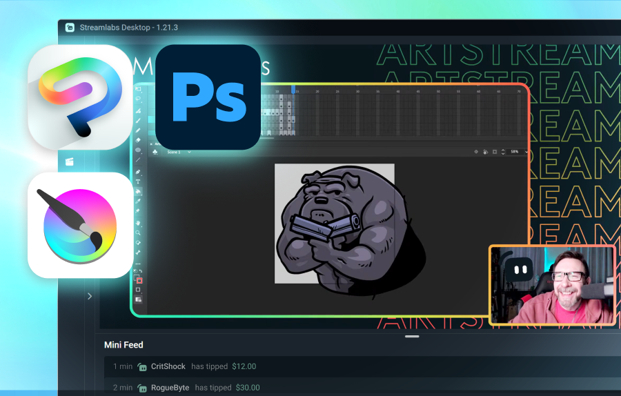 Creative software icons layered over a creator streaming art with Streamlabs Desktop