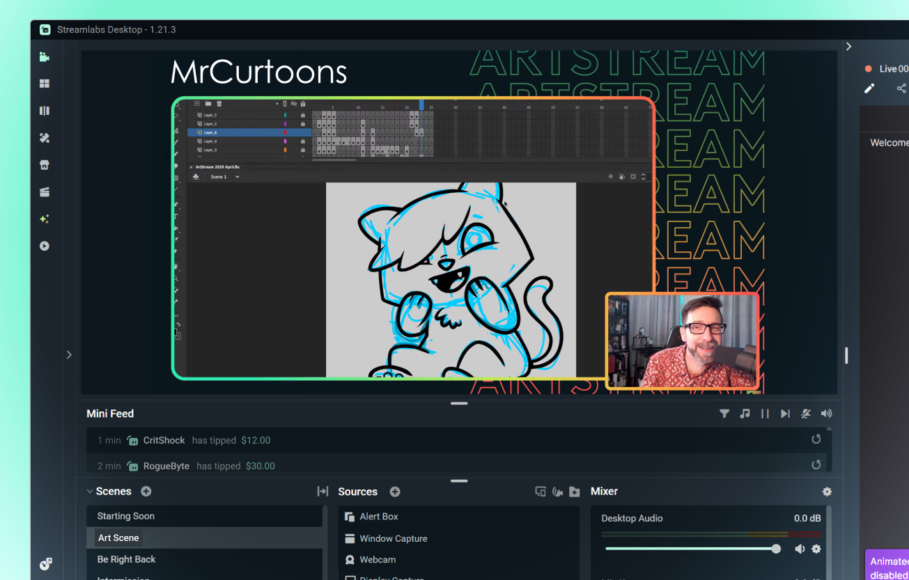 Creator streaming design and animation in Streamlabs Desktop