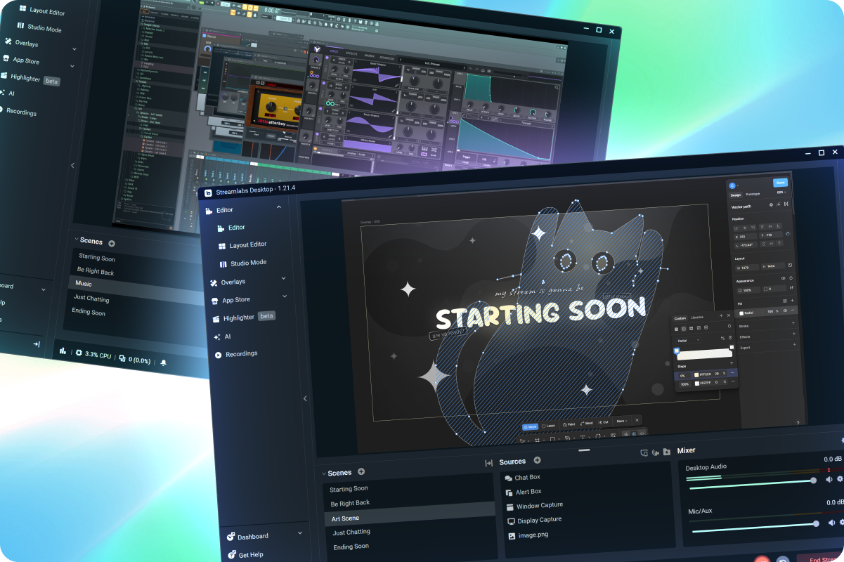 Two instances of Streamlabs Desktop with one showing a digital art stream and one showing a music stream