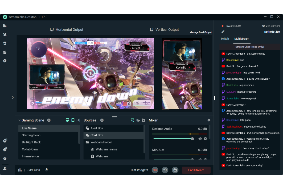Gameplay being streamed with horizontal and vertical layouts in Streamlabs Desktop