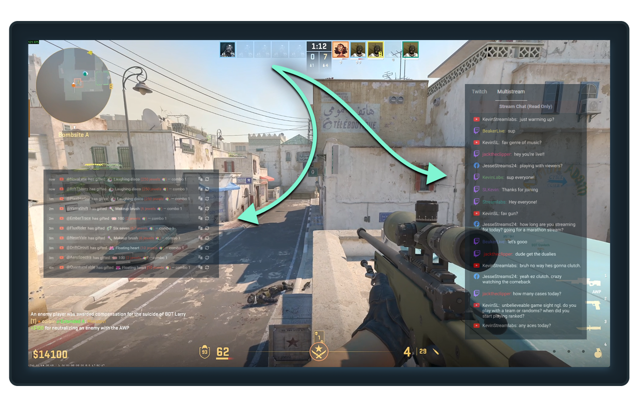 Stream chat and events showing semi-transparently over gameplay