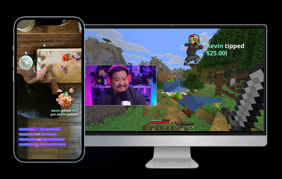 Gaming stream on desktop with pixel art tip notification and cooking video with gifting alerts on phone.