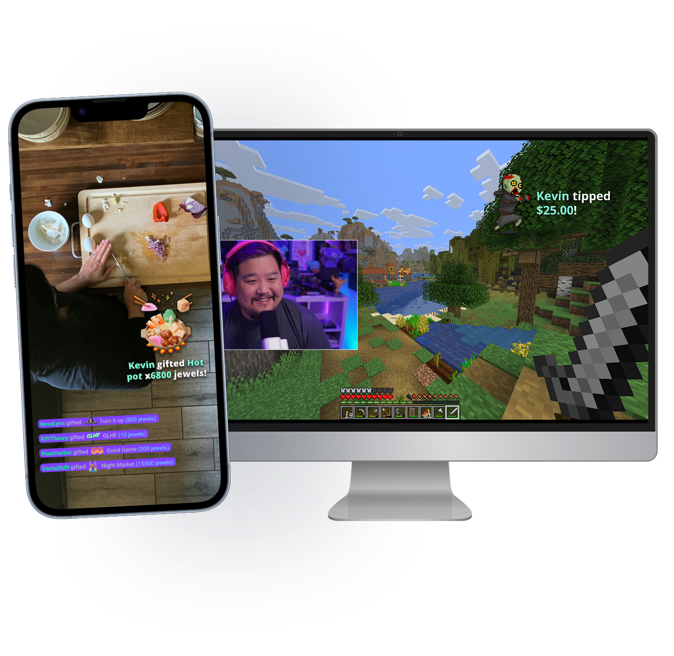 Person chopping onion on a phone screen; Minecraft gameplay with streamer on a desktop monitor.