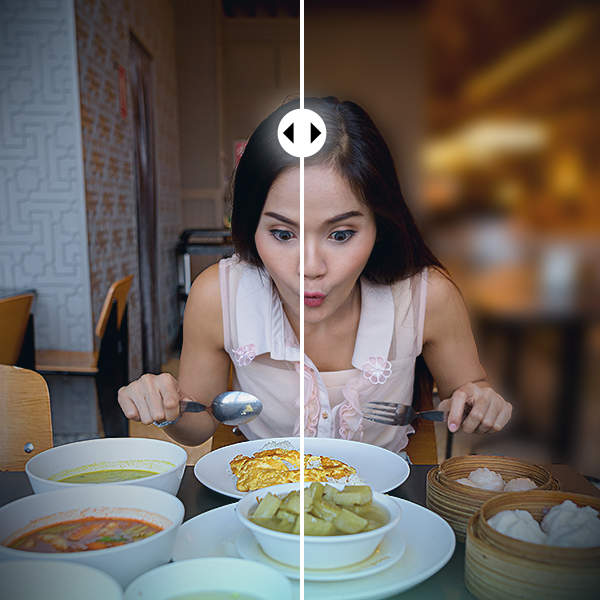 Streamer about to eat a meal with half of the image sharp and the background blurred on the other half of the image