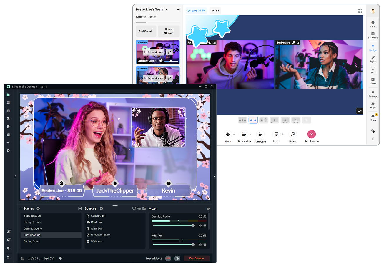 Streamlabs Desktop and Talk Studio screenshots featuring streamers and their guests