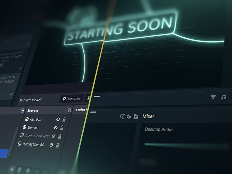 Split-screen comparing two Streamlabs Desktop and OBS software interfaces showing sources and audio mixer panels.