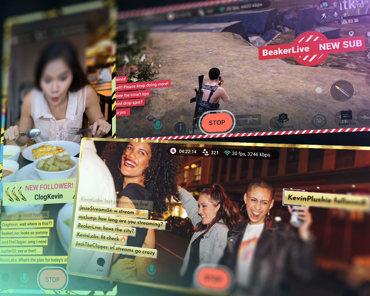 Split image showing people live streaming with Streamlabs mobile: woman eating, game player, and friends partying with chat overlays.