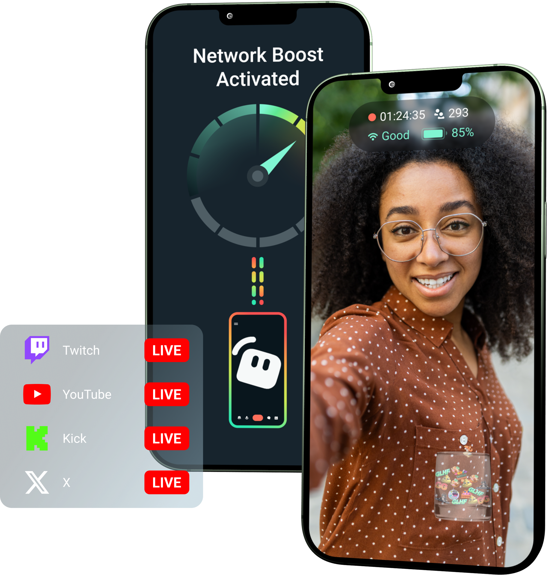Streamlabs Mobile Ultra features shown including network boost, multistreaming and widgets