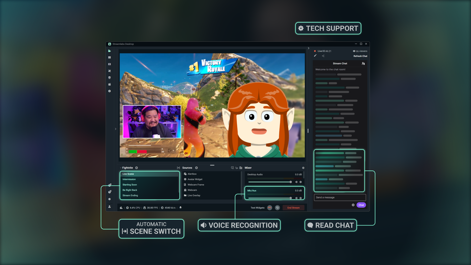 Image of a 2D avatar added to a stream in Streamlabs Desktop with key features of the Sidekick highlighted