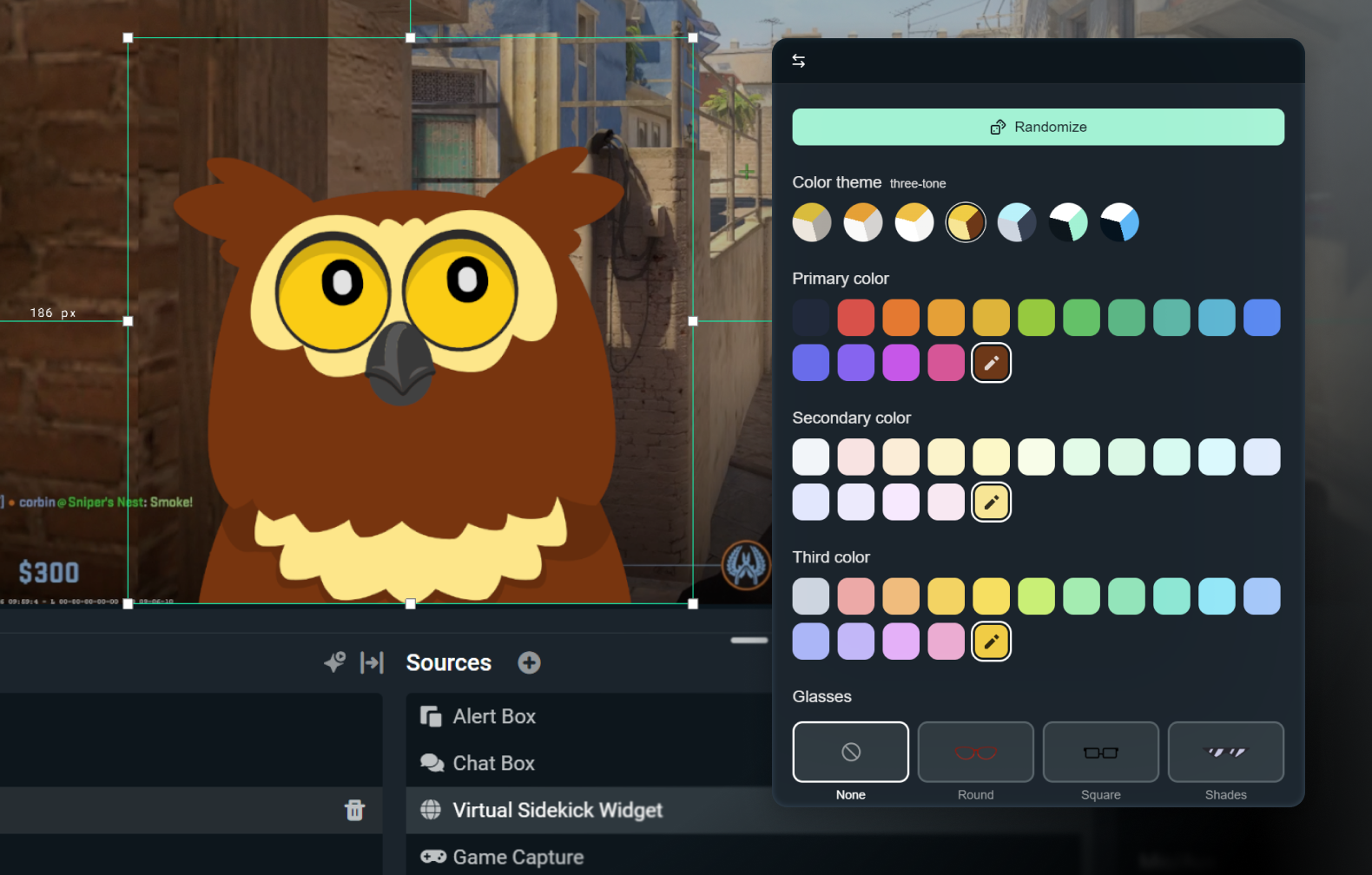 Owl 2D avatar Streamlabs Sidekick in the customize window within Desktop