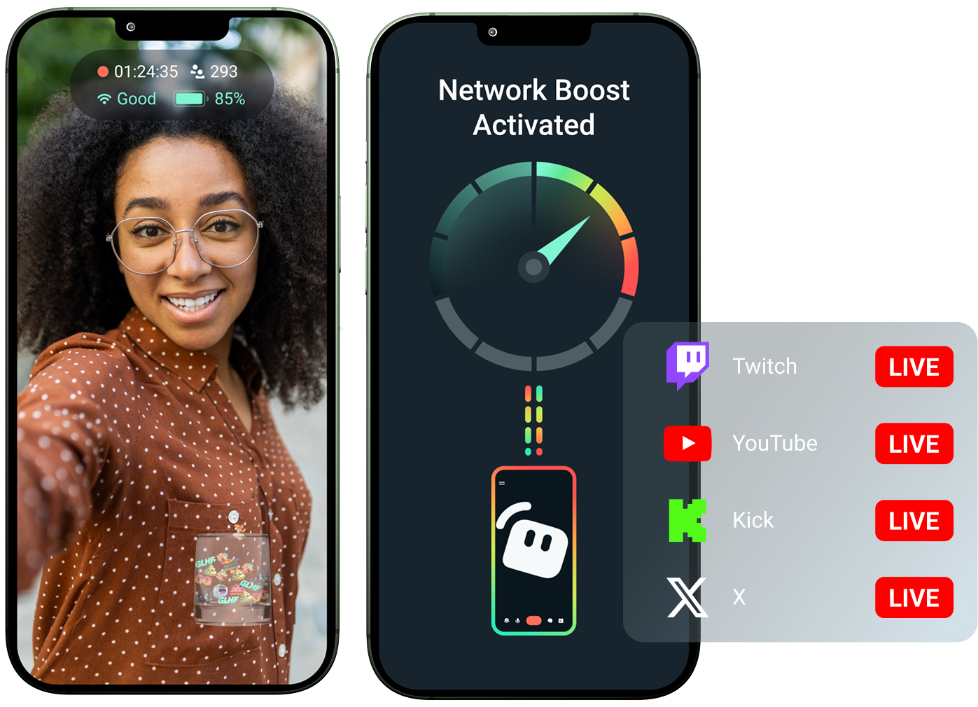 Two phones show a smiling woman on video call and a network boost meter with live streams on Twitch, YouTube, Kick, and X.