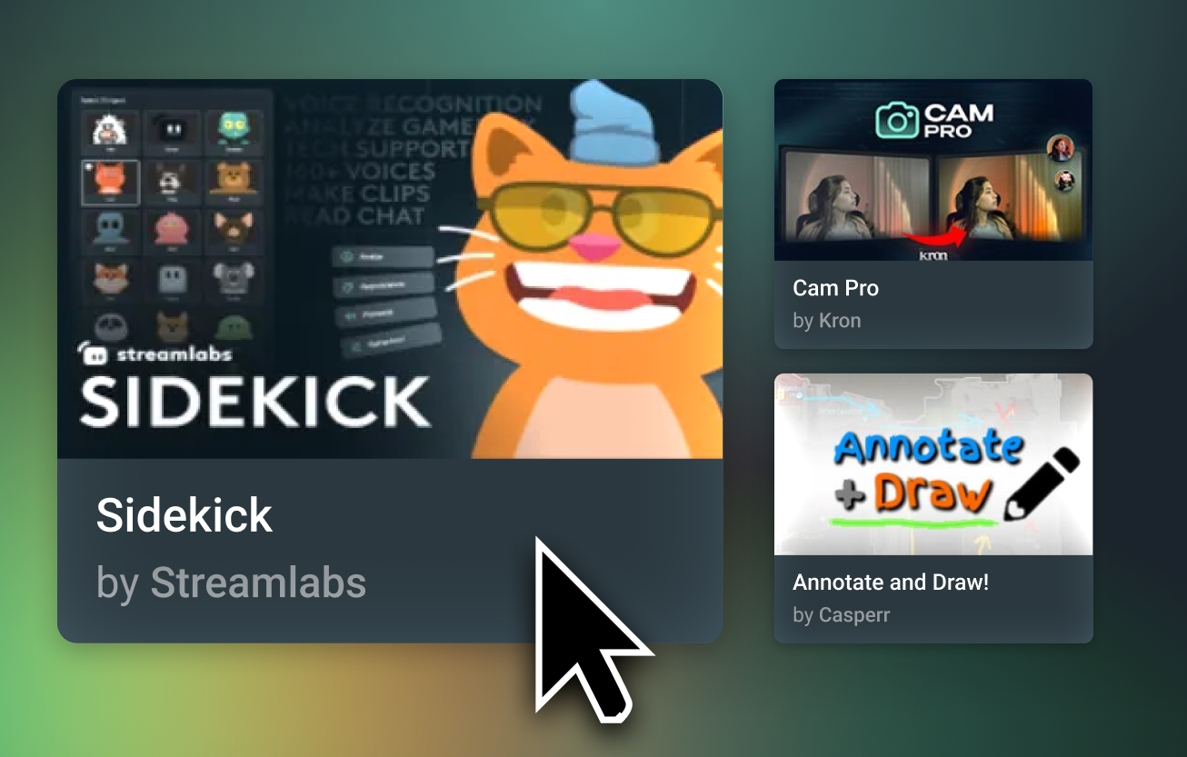 Interface showing Sidekick by Streamlabs with a cartoon cat wearing glasses and hat and two other app options.
