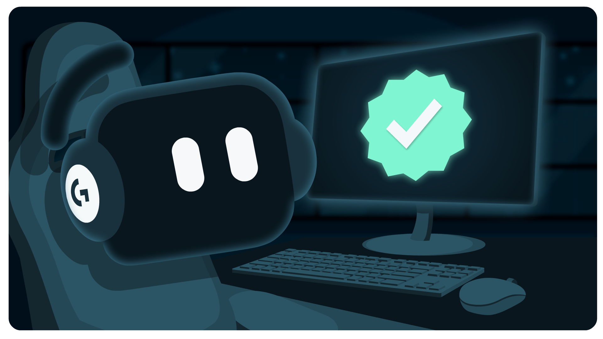 Streamlabs Kevin mascot with headphones at a desk with computer showing a green verified checkmark.