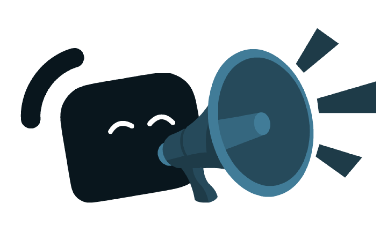 Streamlabs mascot Kevin with closed eyes smiling, holding a large blue megaphone emitting sound waves.