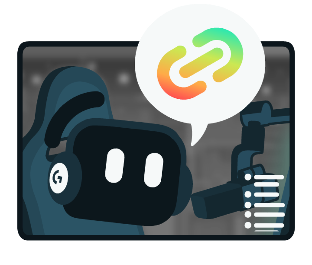 Streamlabs mascot Kevin wearing headphones, sitting in a gaming chair and speaking into a microphone with a speech bubble showing a colorful link icon.