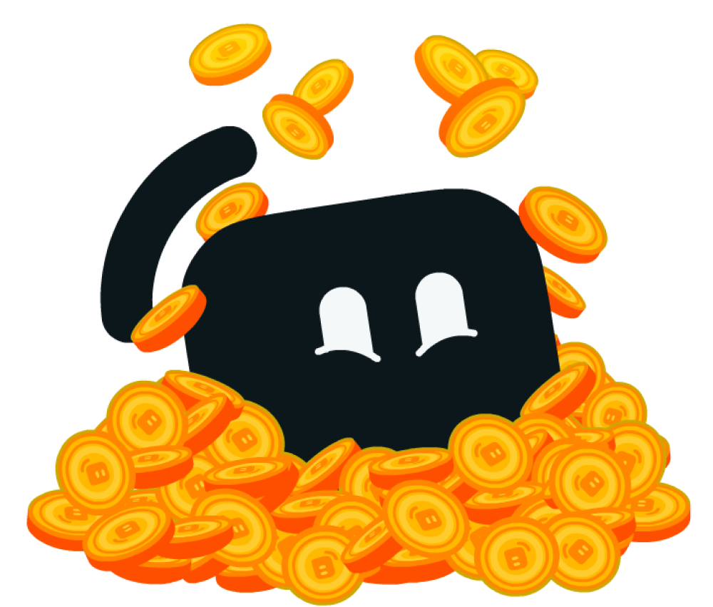 Streamlabs mascot Kevin playfully surrounded and showered by a large pile of glowing orange coins.