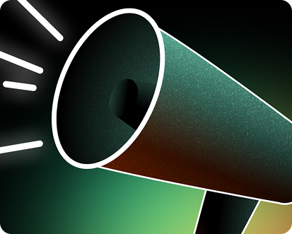 Close-up of a stylized megaphone emitting white sound lines on a gradient green and dark background.